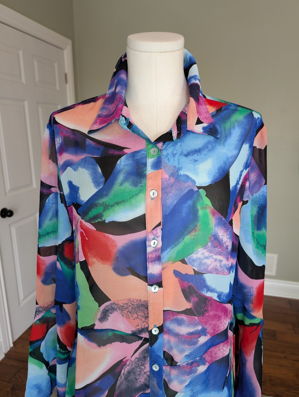 Michael Tyler Women's Abstract Print Sheer Blouse Colorful Boho Flowy Size Large